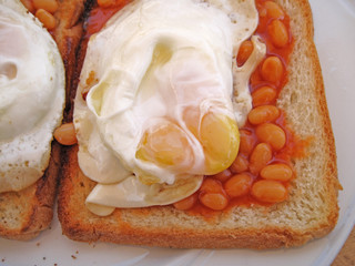 close up eggs beans toast on plate