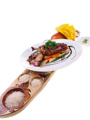 fried chicken adobo, rice and fresh mango isolated on white