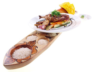 fried chicken adobo, rice and fresh mango isolated on white