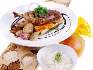 fried chicken adobo, rice & fresh mango isolated on white