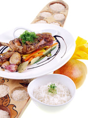 fried chicken adobo, rice & fresh mango isolated on white