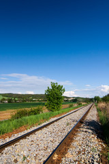Fototapeta premium Spring countryside with railway and blue sky