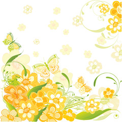 Summer card with yellow flowers and butterflies.