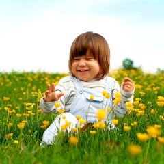 Little boy in the grass full of flowers