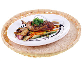 chicken adobo with salad isolated on white background