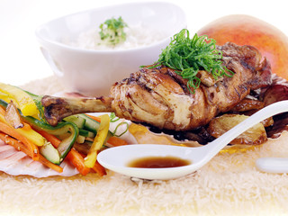 fried chicken adobo with rice isolated on white background
