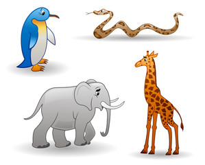 Animals: penguin, giraffe, snake, elephant