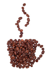 Grains of coffee in the form of cup with steam