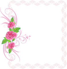 Pink roses with ornament in the decorative frame. Vector