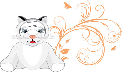 Little tiger with decorative floral ornament. Vector
