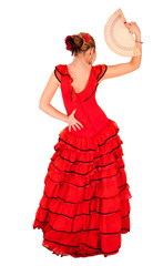 young lady in red hispanic dress holding a fan in hand