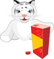 Little tiger with the package of juice. Vector