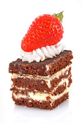 chocolate  cake with cream and  strawberry on white