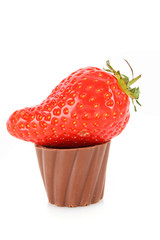 chocolate  cake with cream and  strawberry on white