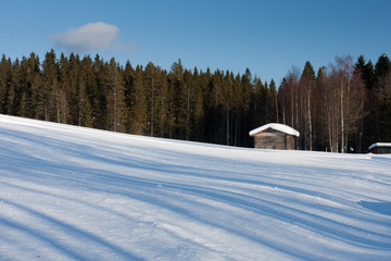 Fototapeta na wymiar Mały drewniany dom w zimie.