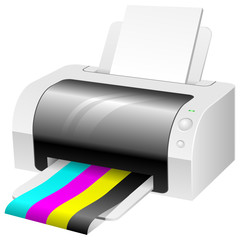 Modern color printer with CMYK colored paper.