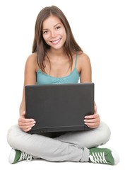 Woman student sitting with laptop isolated