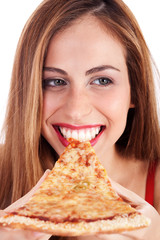smiling woman eating pizza