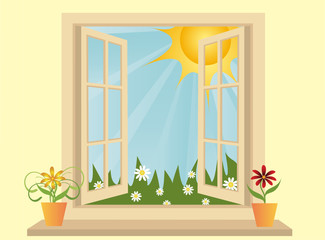 Opened plastic window in room with view to green field. vector