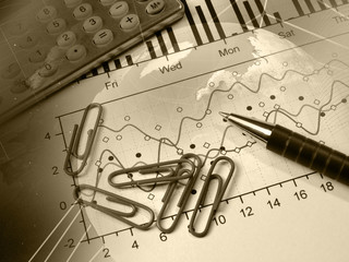 Pen, calculator and globe, collage