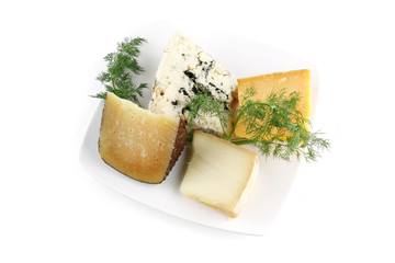 aged cheeses on white porcelain plate