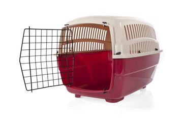 open pet carrier isolated on white background