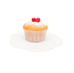 Vanilla cake with berries on a white background