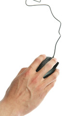 a black mouse in people hand on the white background