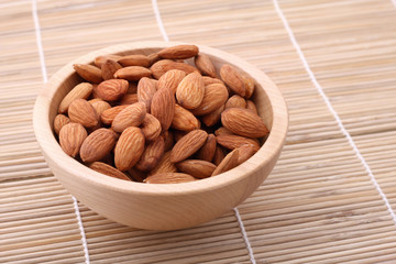 Bowl of almonds on straw serviette