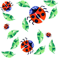 Vector illustration of ladybirds and green leaves