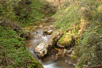 Waterfall with stones in wild nature