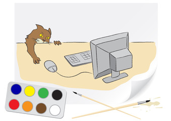 drawing cat and computer