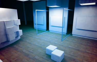 Art gallery with blank frames and blue light colors