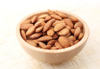 Bowl of almonds on straw serviette