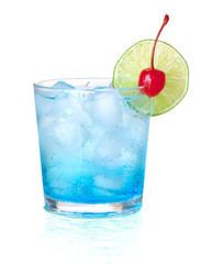 Blue alcohol cocktail with maraschino and lime