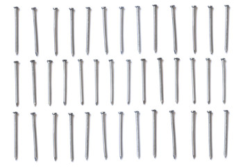 Three rows of steel nails isolated on white