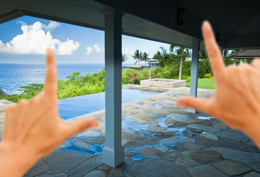 Hands Framing Breathtaking Hawaiian Ocean View Deck