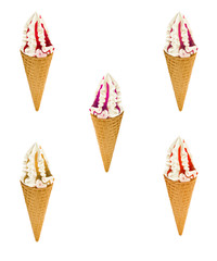 Five ice cream flavored with jam, in waffle cone