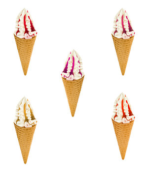 Five ice cream flavored with jam, in waffle cone