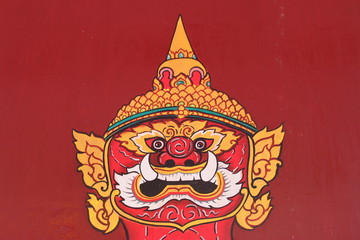 Fototapeta premium Painting on the door of joss house, Borabue, Mahasarakam