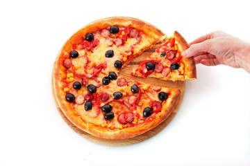 Tasty pizza with olives isolated on white