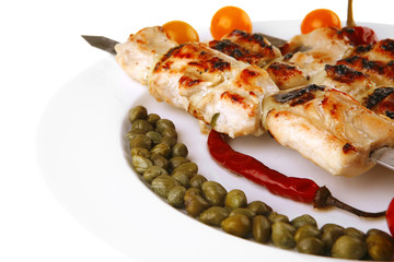 roasted pork kebab on white