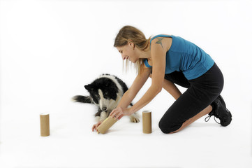 maîtresse apprenant un tour à son chien border collie