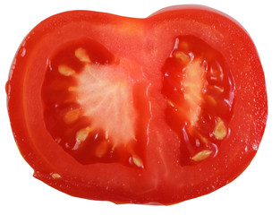 Red tomato slice . Isolated over white .