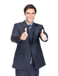Happy business man showing a thumbs up against white