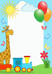Obraz premium Children's photo framework. Giraffe and train.