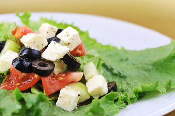salat with cheese and fresh vegetables  close up