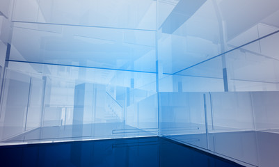 Indoor building. Office space with blue light effects