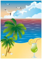 Beach card, palm trees and sea. A vector
