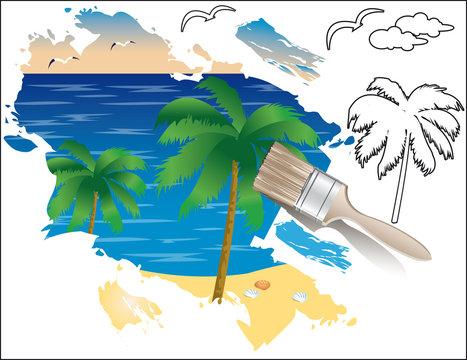Summer drawing, palm trees and  sea. vector